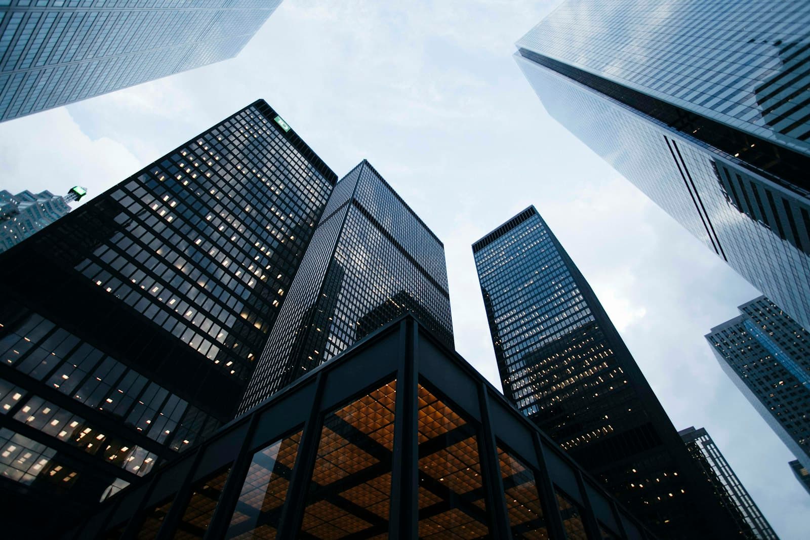 Looking upward through a city skyline